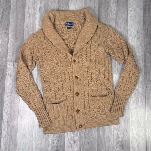 Vintage Polo Ralph Lauren 100% Camel hair Shawl Collar Cable Knit Cardigan Small - Picture 1 of 8